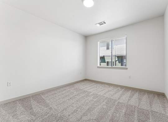 A room with a carpeted floor and a window with blinds.