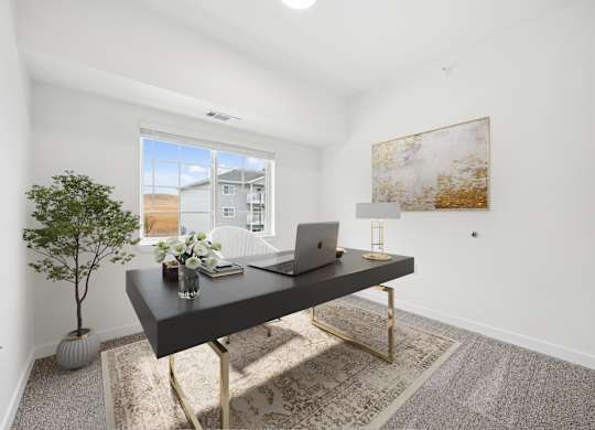 A room with a laptop on a desk and a potted plant.