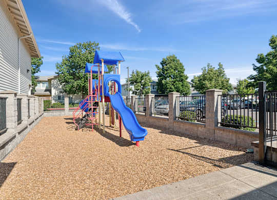 A playground with a blue slide and brown mulch.