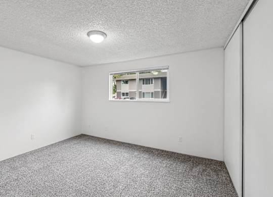 A room with a window and carpeted floor.