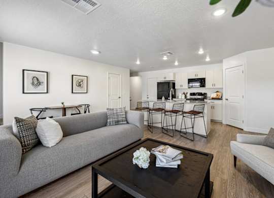A living room with a grey couch, a coffee table, and a kitchen area in the background.