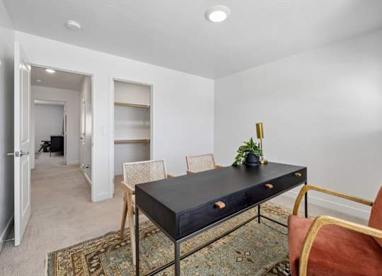 A black coffee table with a gold frame and a plant on it.