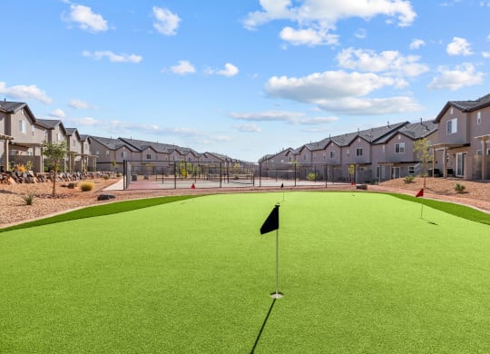 a putting green with houses in the background