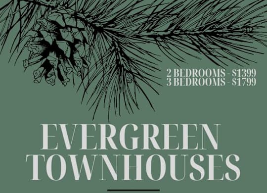 Evergreen townhouses advertisement with pine branches on the left side.