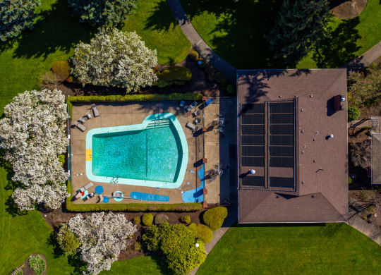 arial view of a house with a swimming pool