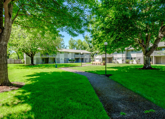 take a stroll through the grassy area at the Sequoia apartments in Springfield, Oregon