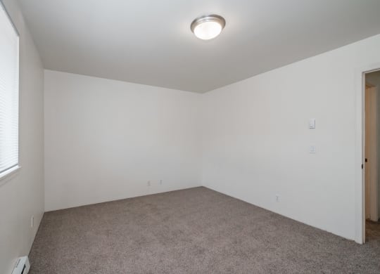 a bedroom with white walls and carpet