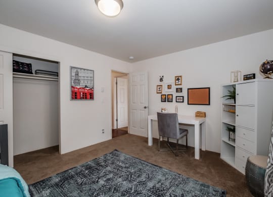 a bedroom with a desk and a closet
