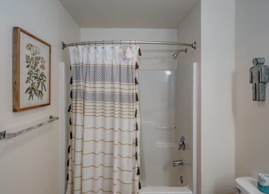 a bathroom with a shower and a toilet