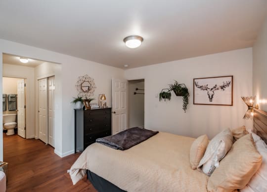 a bedroom with a bed and a dresser