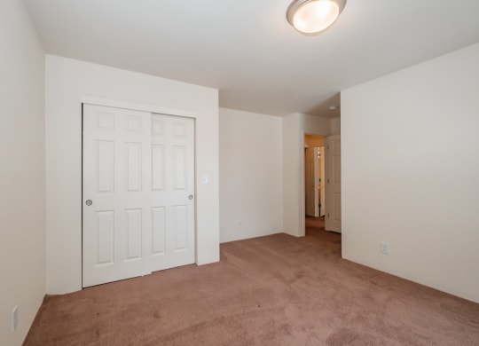 a bedroom with a carpeted floor and a white door