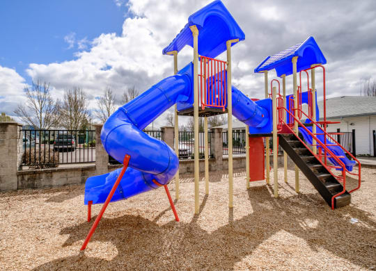 a playground with a blue and red slide