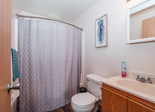 a bathroom with a toilet sink and shower