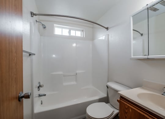 a bathroom with a white bathtub and toilet next to a sink and a mirror