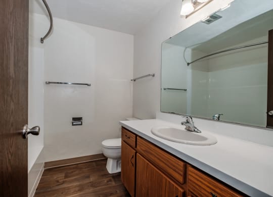 a bathroom with a sink toilet and shower