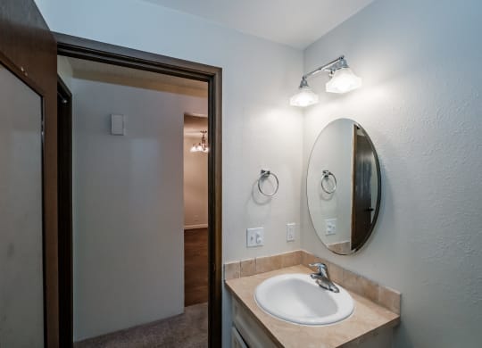 a bathroom with a sink and a mirror