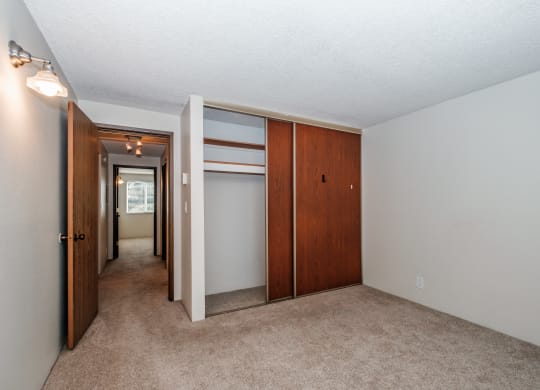 a bedroom with a carpeted floor and a closet with a mirrored door