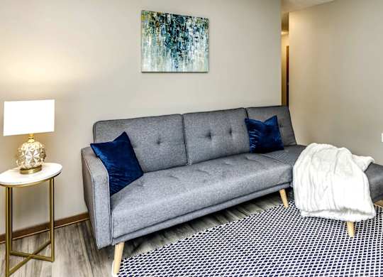 A grey couch with blue pillows and a white blanket is in the center of a room with a patterned rug.