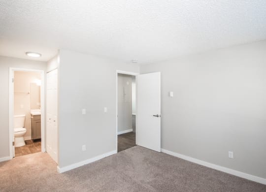Fox Pointe Apartments Two Bedroom Model Bedroom and Bathroom