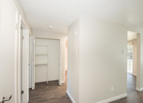 Fox Pointe Apartments Two Bedroom Model Hallway with Shelves