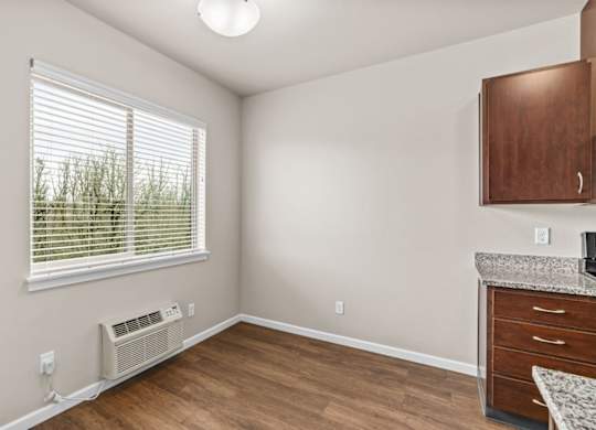A room with a window, a counter, and a cabinet.