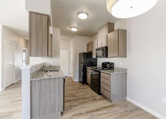 A kitchen with a black refrigerator and wooden cabinets.