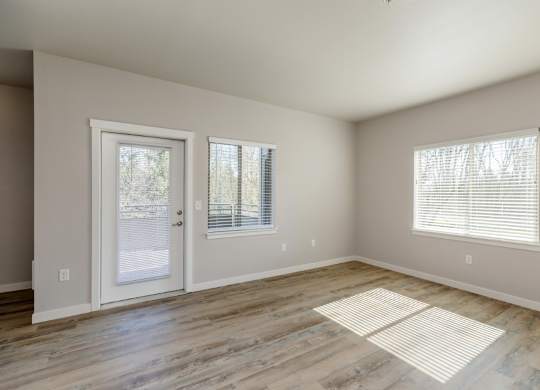 A room with a door, two windows, and a rug on the floor.