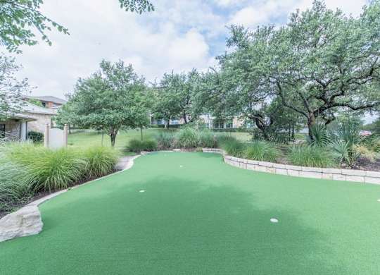 A green artificial turf area surrounded by trees and plants.