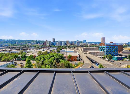 A cityscape viewed from a high vantage point with a clear blue sky above.