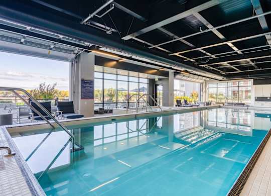 A large indoor swimming pool with a glass ceiling and a view of the outdoors.