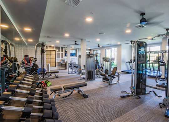 A spacious gym with a variety of equipment including treadmills, weights, and exercise machines.