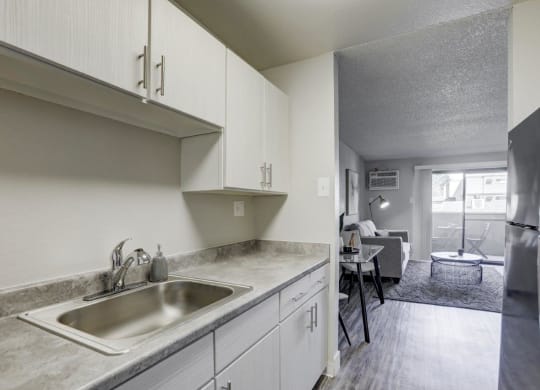 Hudson at Highline Apartments in Denver, Colorado Model Kitchen and View into Living Room