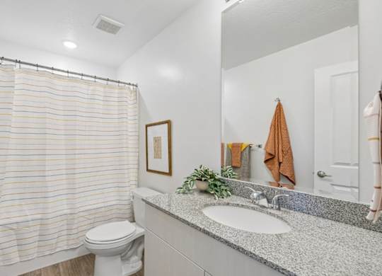 A bathroom with a toilet, sink, and shower curtain.