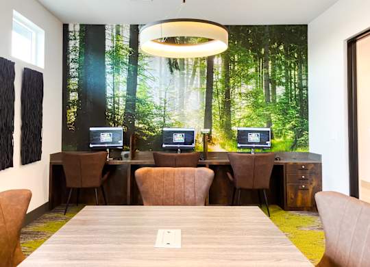 A conference room with a forest mural on the wall and four computers on desks.