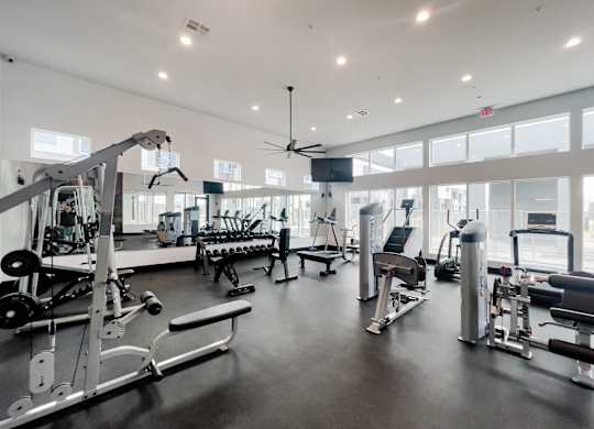 A spacious gym with a variety of equipment including a weight bench, a rowing machine, and a treadmill.