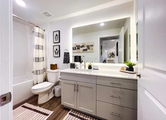 A bathroom with a toilet, sink, and mirror.