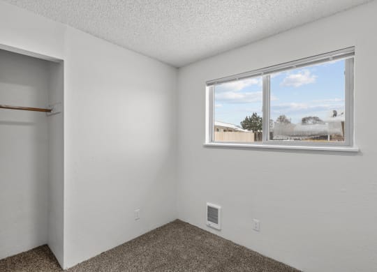 the living room of an apartment with a window and a closet