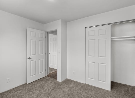 an empty bedroom with two closets and a door to a closet