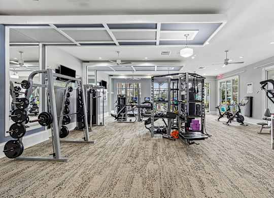A spacious gym with a variety of equipment.