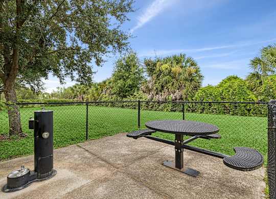 A picnic table is surrounded by a black fence.