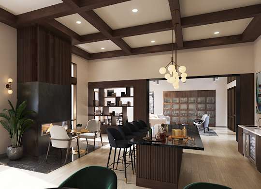 A modern living room with a dark wood floor and a large window.