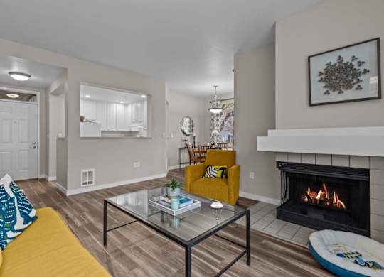 Keeler's Corner Apartments in Lynnwood, Washington Model Living Room with Fireplace
