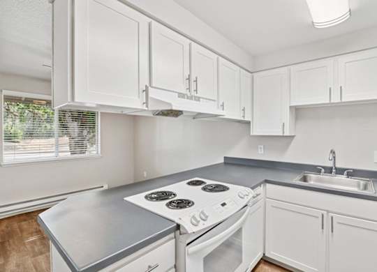 A white kitchen with a stove top oven and a sink.