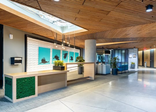 a lobby with a reception desk and green plants