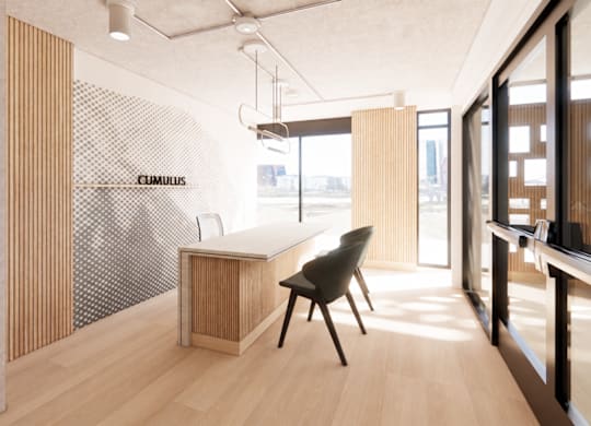 A modern office space with a wooden desk and a chair.