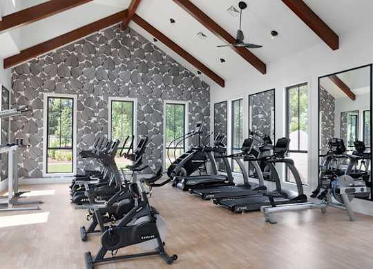 A gym with treadmills, elliptical machines, and a mirrored wall.