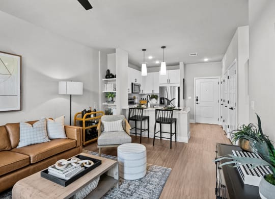 kitchen and living room at Lenox Grand, Austin 