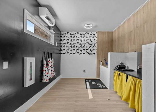 A kitchen with a black wall and yellow curtains.