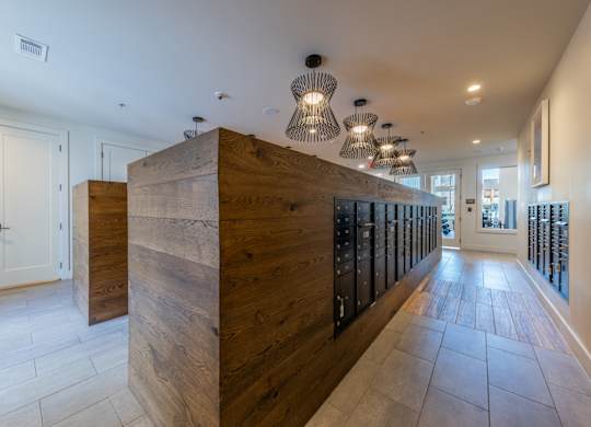A long hallway with a wooden wall and black doors on the side.