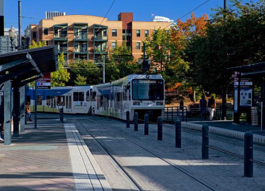 MAX public transport nearby Collins Circle apartments in the Goose Hollow district in Portland, Oregon.